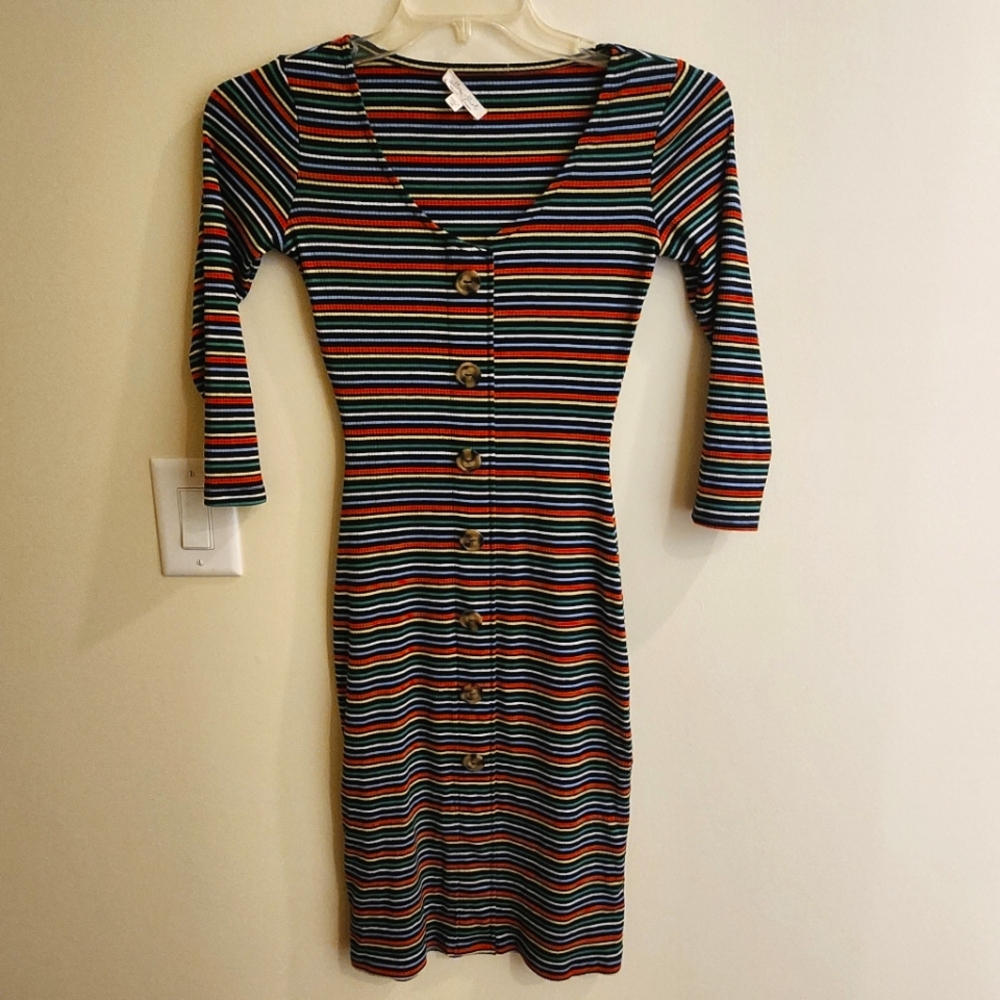 XS Striped Rainbow Knit Dress- Knee Length